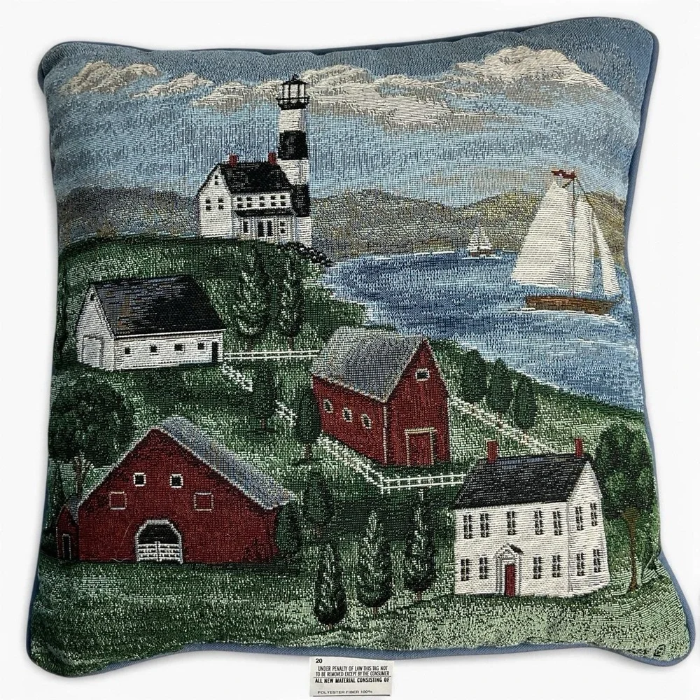 VTG Nautical Sailboat Lighthouse Pillow Coastal Blue 17